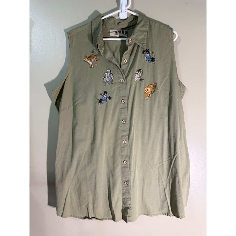 Chino Womens Plus Size 22 Green Safari Embroidered Animal Sleeveless Button Up
